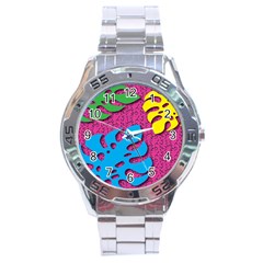 Vintage Unique Graphics Memphis Style Geometric Leaf Green Blue Yellow Pink Stainless Steel Analogue Watch