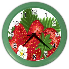 Strawberry Red Seed Leaf Green Color Wall Clocks by Mariart