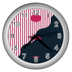 Waves Line Polka Dots Vertical Black Pink Wall Clocks (Silver) 