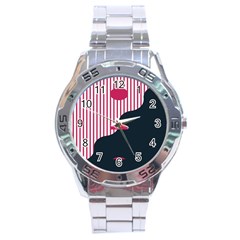 Waves Line Polka Dots Vertical Black Pink Stainless Steel Analogue Watch