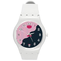 Waves Line Polka Dots Vertical Black Pink Round Plastic Sport Watch (M)