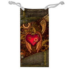 Steampunk Golden Design, Heart With Wings, Clocks And Gears Jewelry Bag by FantasyWorld7