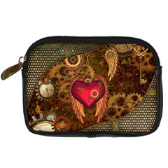 Steampunk Golden Design, Heart With Wings, Clocks And Gears Digital Camera Cases by FantasyWorld7