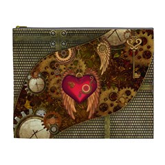 Steampunk Golden Design, Heart With Wings, Clocks And Gears Cosmetic Bag (xl) by FantasyWorld7