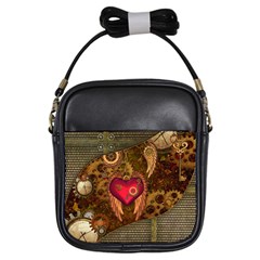 Steampunk Golden Design, Heart With Wings, Clocks And Gears Girls Sling Bags by FantasyWorld7