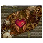 Steampunk Golden Design, Heart With Wings, Clocks And Gears Cosmetic Bag (XXXL)  Front