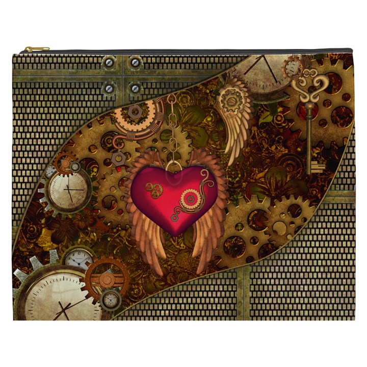 Steampunk Golden Design, Heart With Wings, Clocks And Gears Cosmetic Bag (XXXL) 