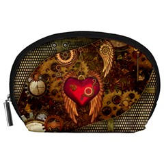 Steampunk Golden Design, Heart With Wings, Clocks And Gears Accessory Pouches (large)  by FantasyWorld7