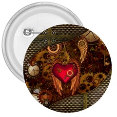 Steampunk Golden Design, Heart With Wings, Clocks And Gears 3  Buttons by FantasyWorld7