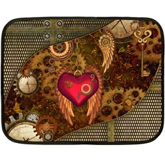 Steampunk Golden Design, Heart With Wings, Clocks And Gears Fleece Blanket (mini) by FantasyWorld7