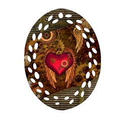Steampunk Golden Design, Heart With Wings, Clocks And Gears Oval Filigree Ornament (two Sides) by FantasyWorld7