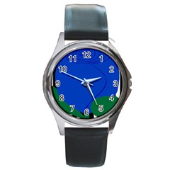 Blue Flower Leaf Black White Striped Rose Round Metal Watch by Mariart