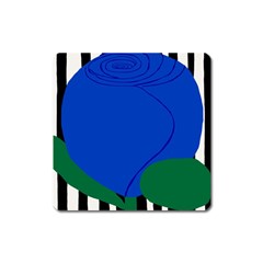 Blue Flower Leaf Black White Striped Rose Square Magnet by Mariart