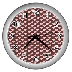 Chocolate Pink Hearts Gift Wrap Wall Clocks (silver) 
