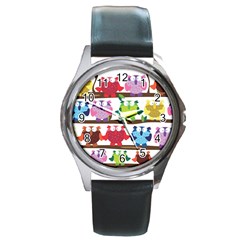 Funny Owls Sitting On A Branch Pattern Postcard Rainbow Round Metal Watch by Mariart