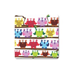 Funny Owls Sitting On A Branch Pattern Postcard Rainbow Square Magnet by Mariart