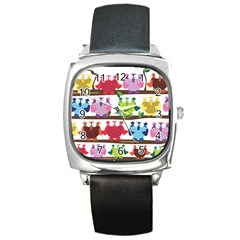 Funny Owls Sitting On A Branch Pattern Postcard Rainbow Square Metal Watch by Mariart