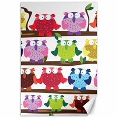 Funny Owls Sitting On A Branch Pattern Postcard Rainbow Canvas 24  X 36  by Mariart