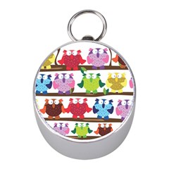 Funny Owls Sitting On A Branch Pattern Postcard Rainbow Mini Silver Compasses by Mariart