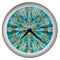 Green Flower Tie Dye Kaleidoscope Opaque Color Wall Clocks (Silver) 