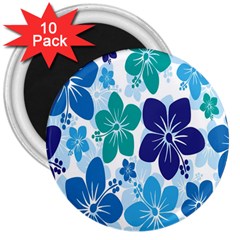 Hibiscus Flowers Green Blue White Hawaiian 3  Magnets (10 Pack)  by Mariart