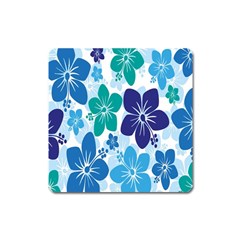 Hibiscus Flowers Green Blue White Hawaiian Square Magnet