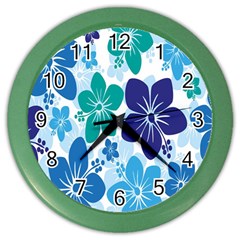 Hibiscus Flowers Green Blue White Hawaiian Color Wall Clocks by Mariart