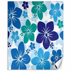 Hibiscus Flowers Green Blue White Hawaiian Canvas 11  X 14  