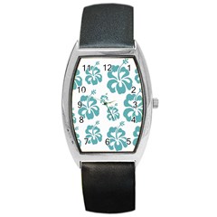 Hibiscus Flowers Green White Hawaiian Blue Barrel Style Metal Watch
