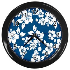 Hibiscus Flowers Seamless Blue White Hawaiian Wall Clocks (black)
