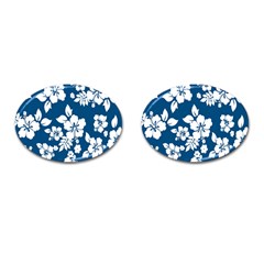 Hibiscus Flowers Seamless Blue White Hawaiian Cufflinks (oval)
