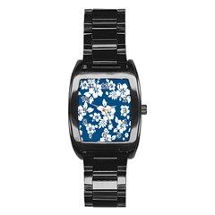 Hibiscus Flowers Seamless Blue White Hawaiian Stainless Steel Barrel Watch