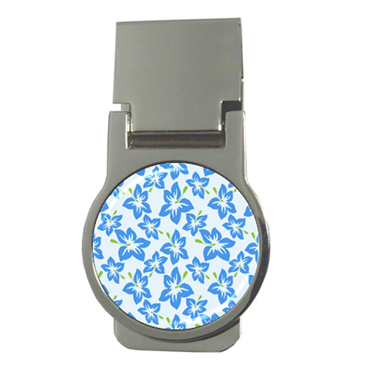 Hibiscus Flowers Seamless Blue Money Clips (Round) 