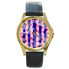 Line Vertical Polka Dots Circle Flower Blue Pink White Round Gold Metal Watch