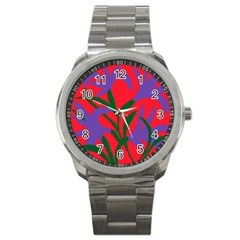 Purple Flower Red Background Sport Metal Watch by Mariart