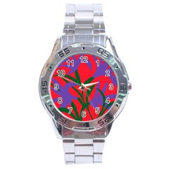 Purple Flower Red Background Stainless Steel Analogue Watch by Mariart