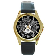 Ornate Buddha Round Gold Metal Watch by Valentinaart