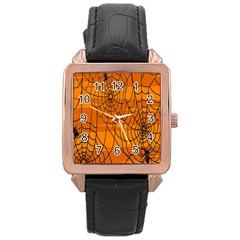 Vector Seamless Pattern With Spider Web On Orange Rose Gold Leather Watch 