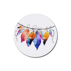 Watercolor Feathers Rubber Coaster (round)  by LimeGreenFlamingo