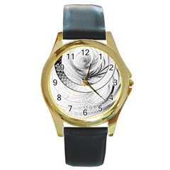 Enso, A Perfect Black And White Zen Fractal Circle Round Gold Metal Watch by jayaprime