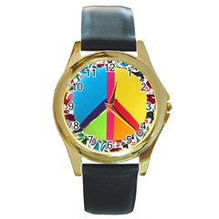 Peace Sign Animals Pattern Round Gold Metal Watch by BangZart