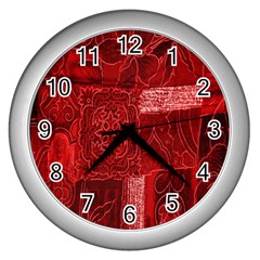 Red Background Patchwork Flowers Wall Clocks (silver)  by BangZart