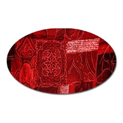 Red Background Patchwork Flowers Oval Magnet by BangZart