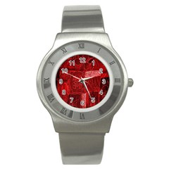 Red Background Patchwork Flowers Stainless Steel Watch