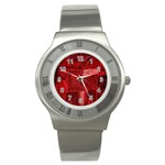 Red Background Patchwork Flowers Stainless Steel Watch Front