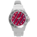 Red Turquoise Black Zig Zag Background Round Plastic Sport Watch (L) Front