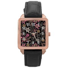 Flower Art Pattern Rose Gold Leather Watch 