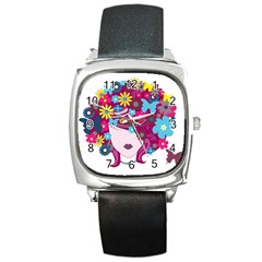 Beautiful Gothic Woman With Flowers And Butterflies Hair Clipart Square Metal Watch by BangZart