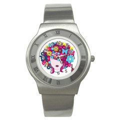 Beautiful Gothic Woman With Flowers And Butterflies Hair Clipart Stainless Steel Watch by BangZart