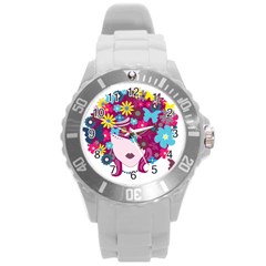 Beautiful Gothic Woman With Flowers And Butterflies Hair Clipart Round Plastic Sport Watch (l) by BangZart